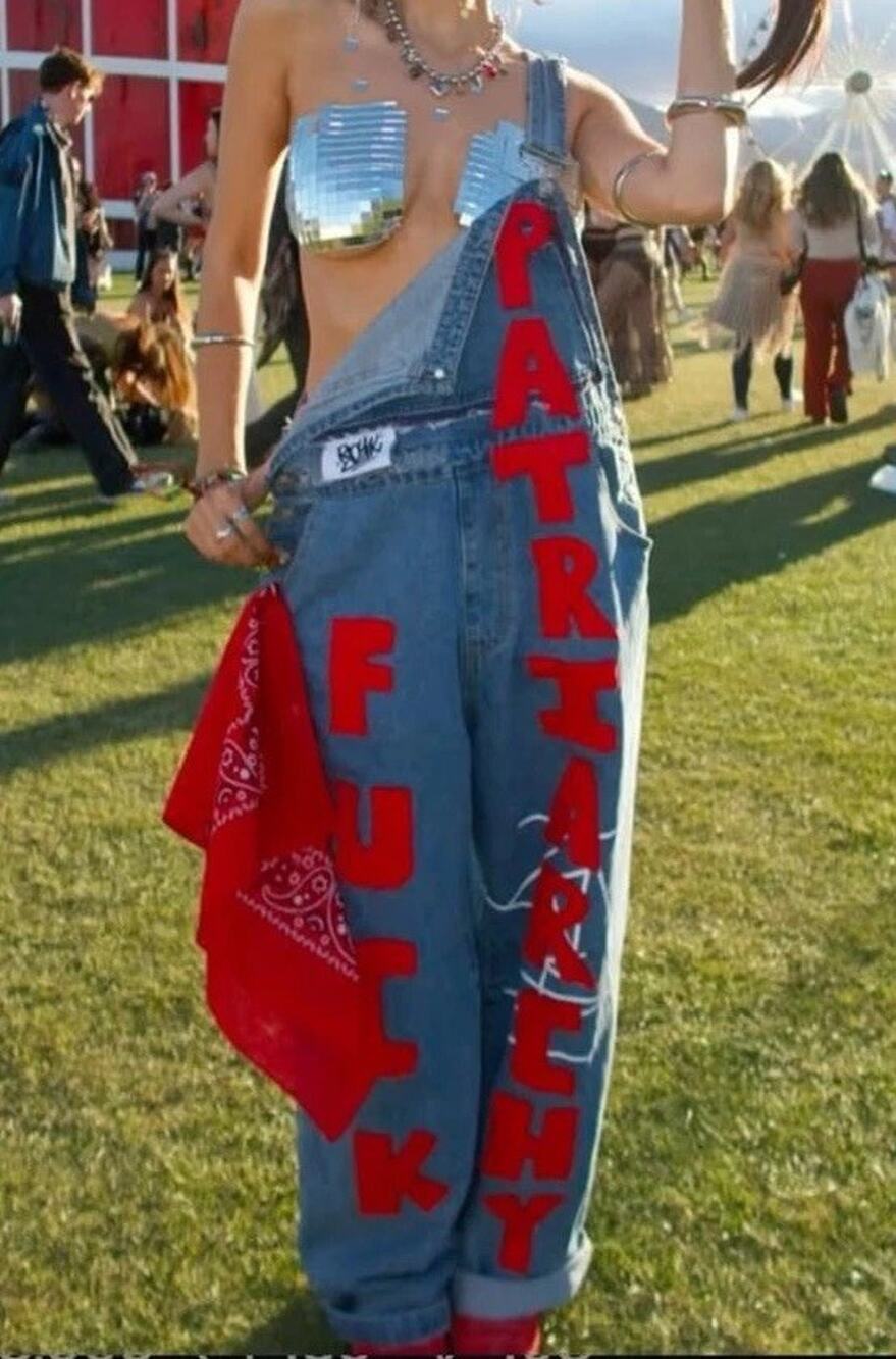 ROKK Women’s Denim Overalls Blue/Red Patchwork Logo Pockets Adjustable One Size